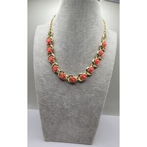 Vintage Gold Tone Coral Rose Link Necklace Adjustable Statement Floral